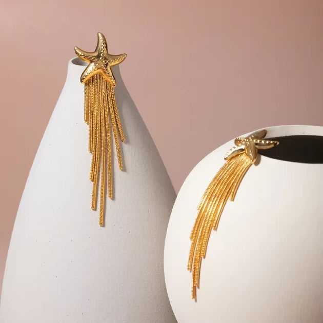 Gold Star Fish Tassel Earrings
