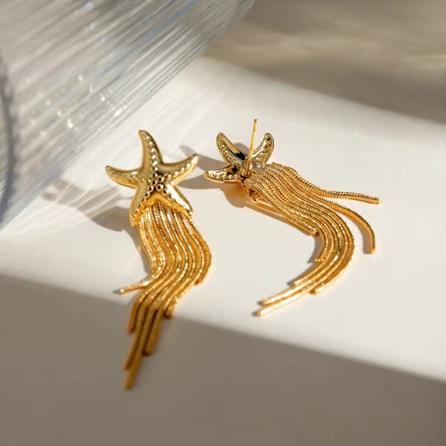 Gold Star Fish Tassel Earrings