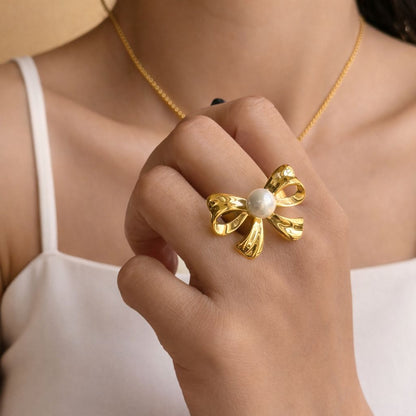 Pearl Studded Bow Ring – 18k Gold Plated