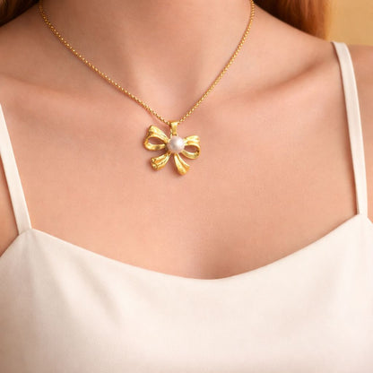 Pearl Bow Neck Charm - 18k Gold Plated
