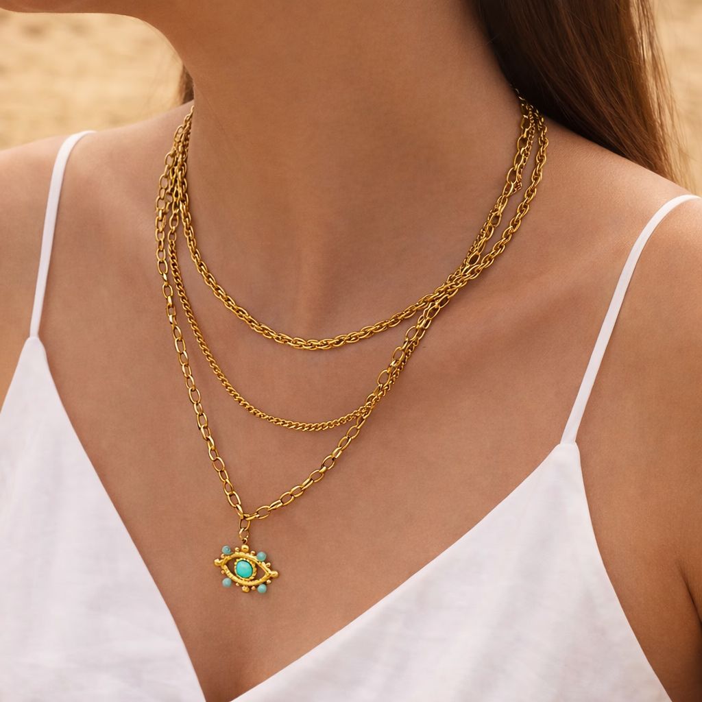 Layered Chain with Turquoise Nazar