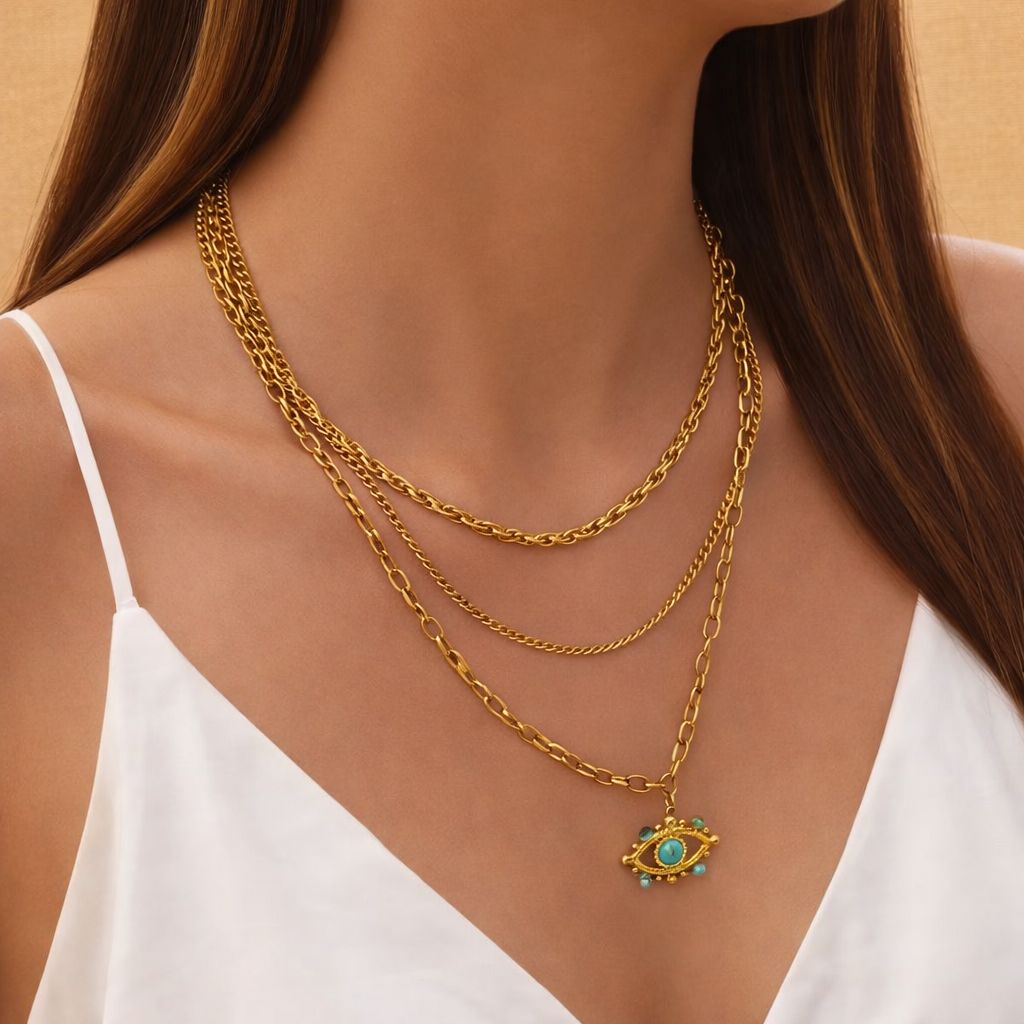 Layered Chain with Turquoise Nazar