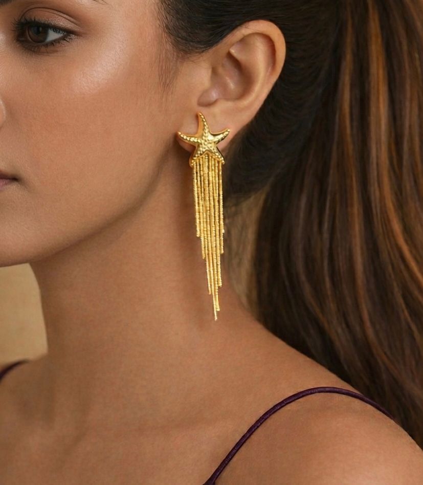 Gold Star Fish Tassel Earrings