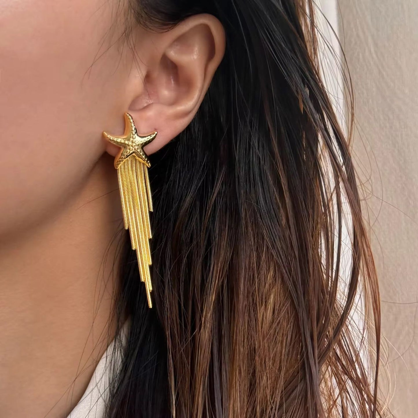 Gold Star Fish Tassel Earrings